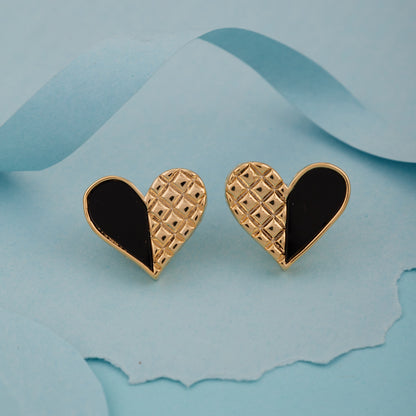 Black & Gold Textured Heart Stud Earrings for Women & Girls