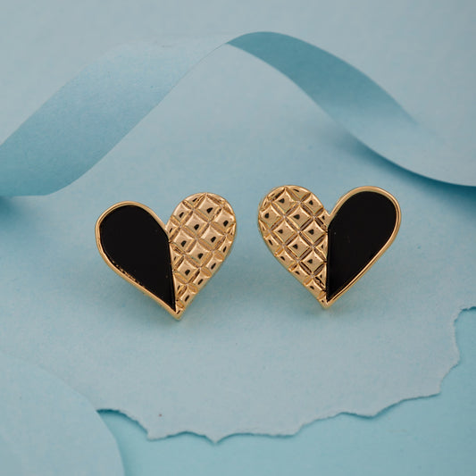 Black & Gold Textured Heart Stud Earrings for Women & Girls