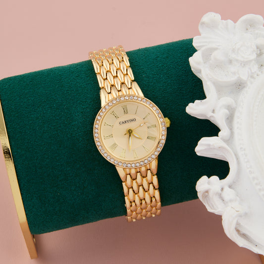Classic Gold Women's Watch with Roman Numerals & Crystal Bezel