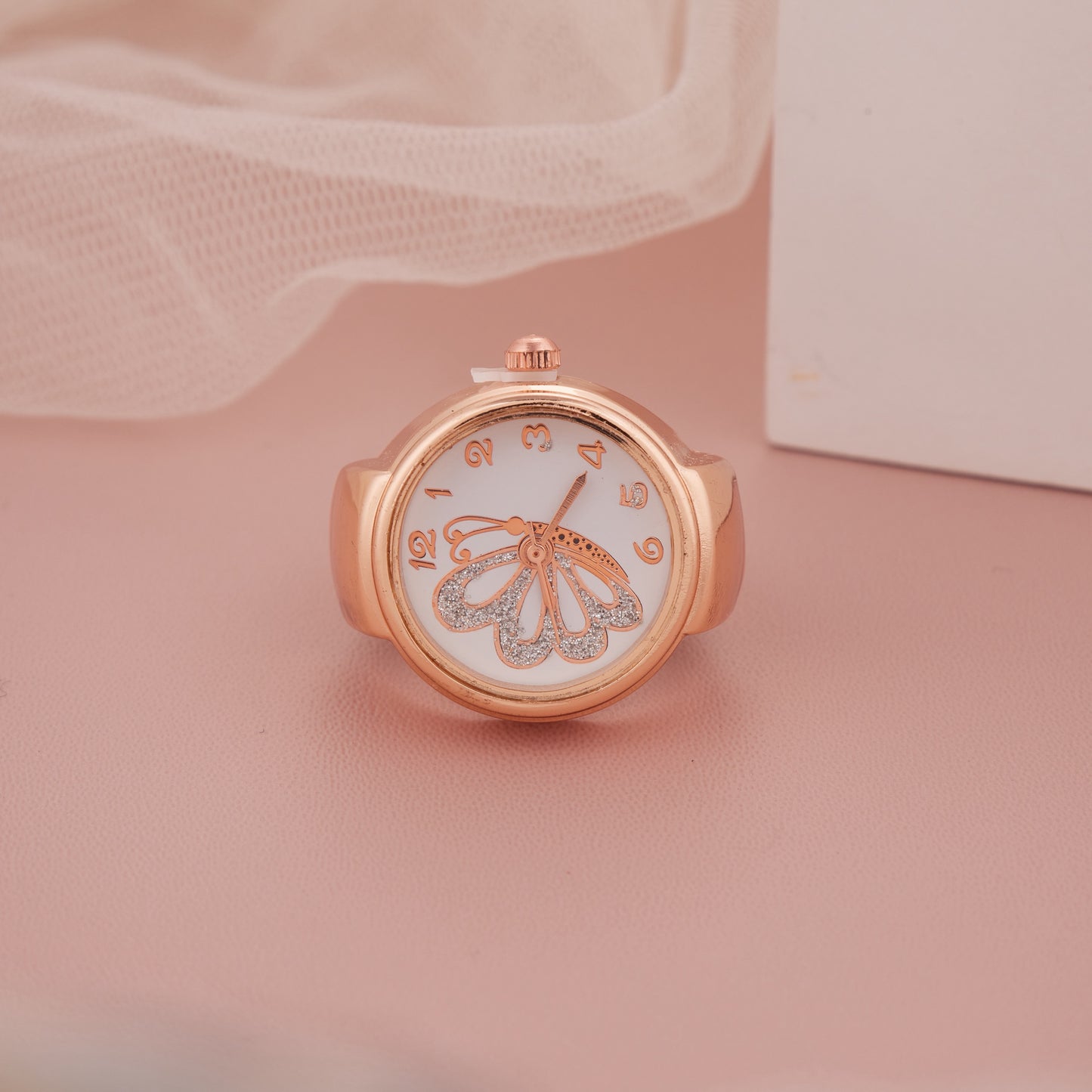 Rose Gold Ring Watch with Grid Dial and Numeric Markers