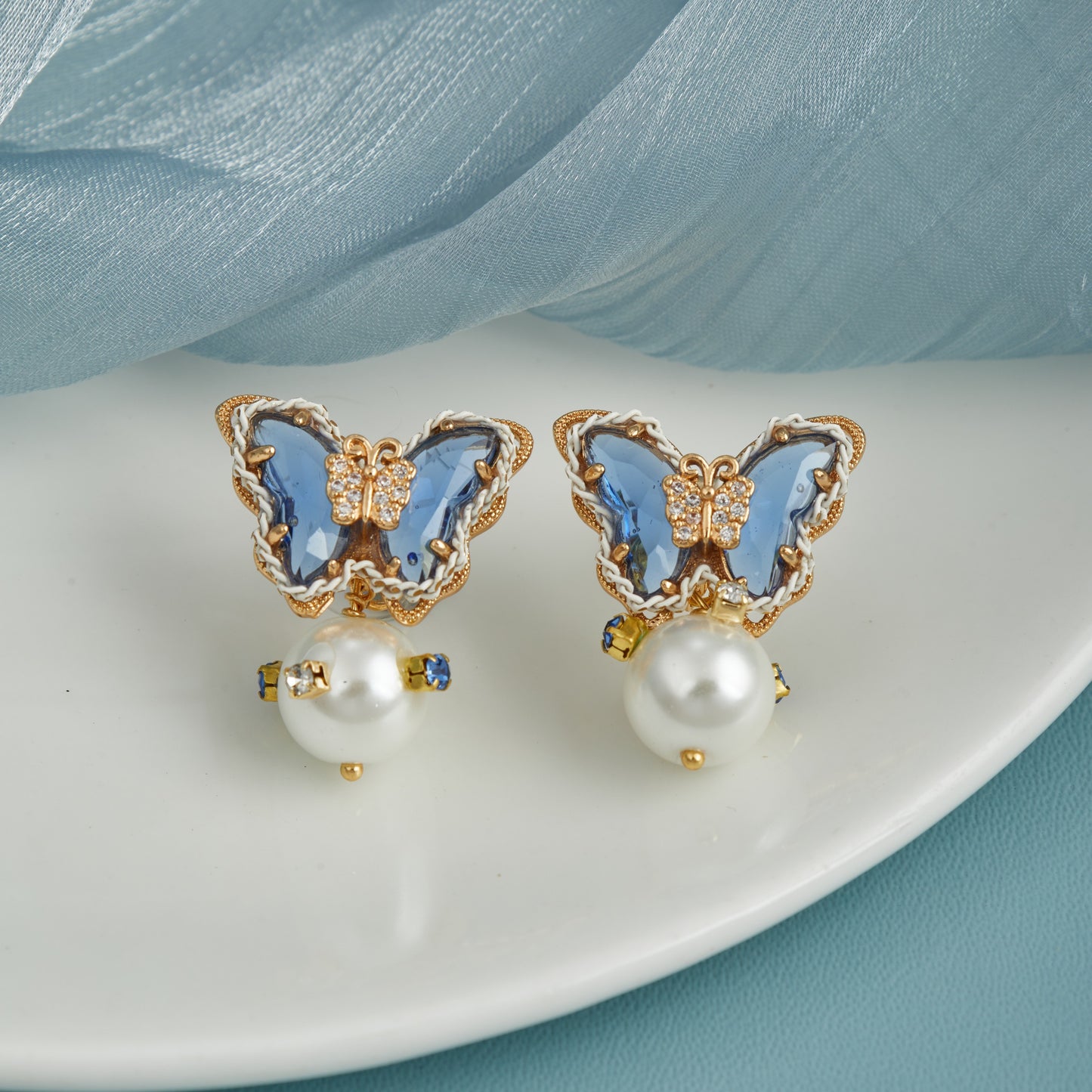 Blue and Gold Butterfly Earrings