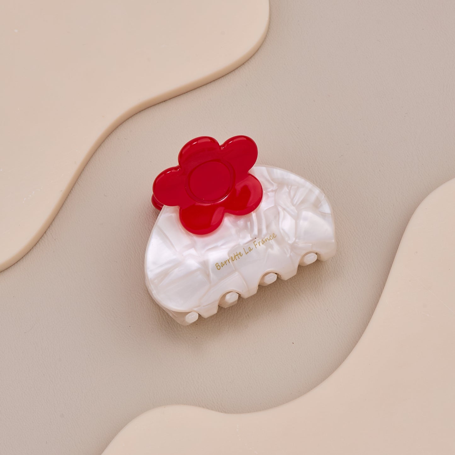White Pearl Hair Claw Clip with Red Flower
