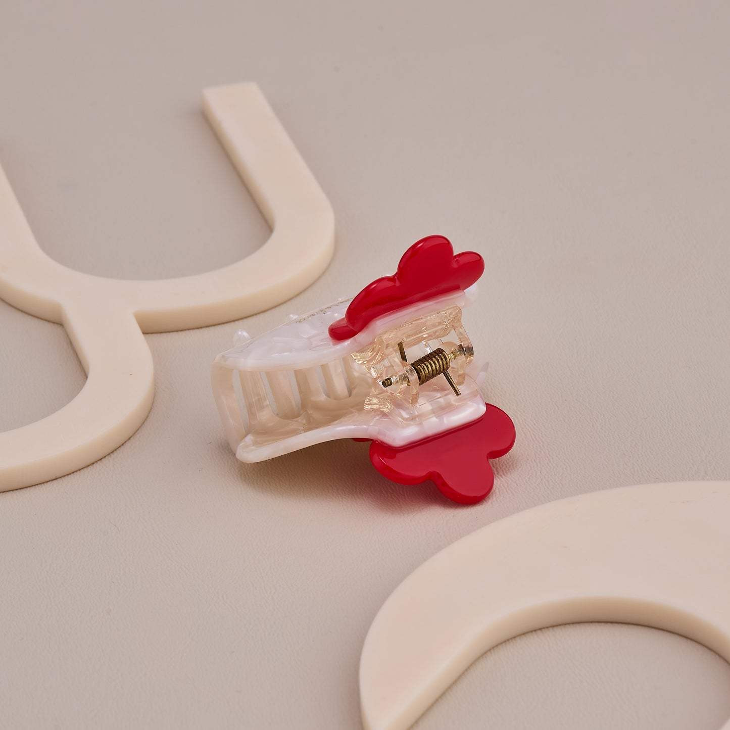 White Pearl Hair Claw Clip with Red Flower