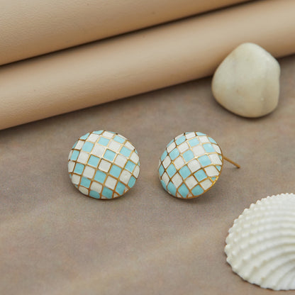 Gold Plated Circular Checkered Stud Earrings