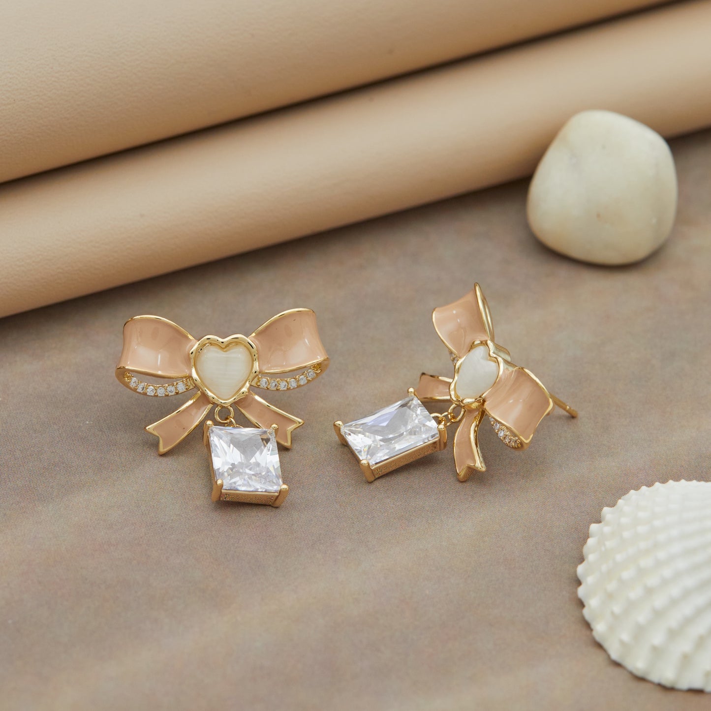 Elegant Bow-Shaped Earrings with Heart and Crystal Accents