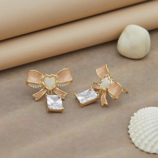 Elegant Bow-Shaped Earrings with Heart and Crystal Accents
