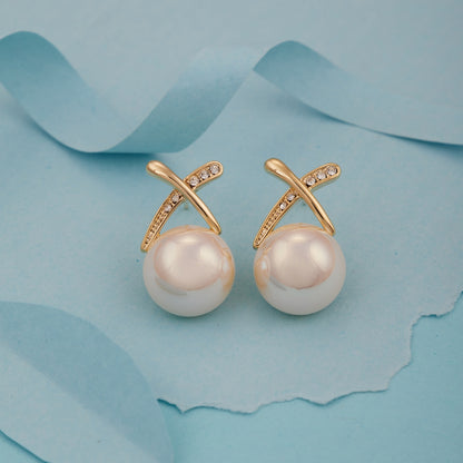 Elegant Pearl Stud Earrings with Gold & Crystal X Design for Women