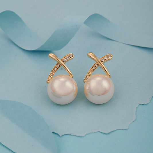 Elegant Pearl Stud Earrings with Gold & Crystal X Design for Women