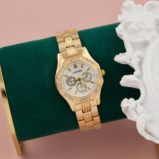 Luxury Gold Women's Analog Watch with Crystal Bezel