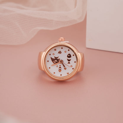 Rose Gold Ring Watch with Textured Silver Dial & Bold Numerals