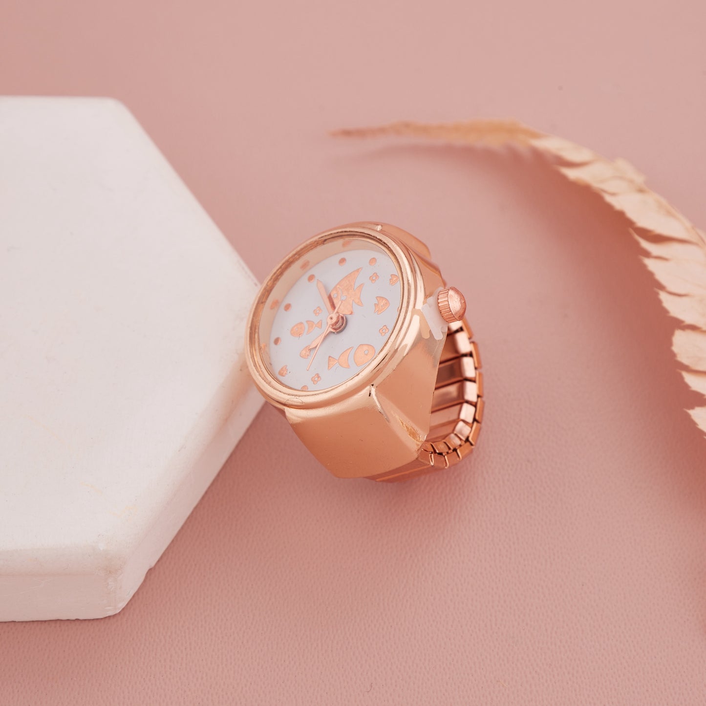 Rose Gold Ring Watch with Textured Silver Dial & Bold Numerals