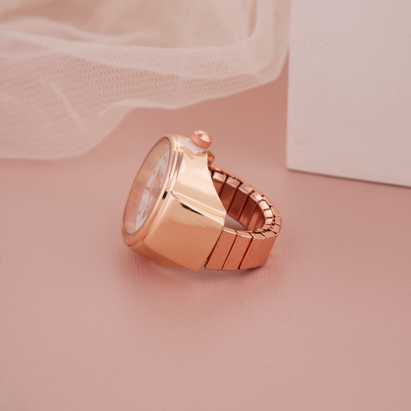 Rose Gold Ring Watch with Textured Silver Dial & Bold Numerals