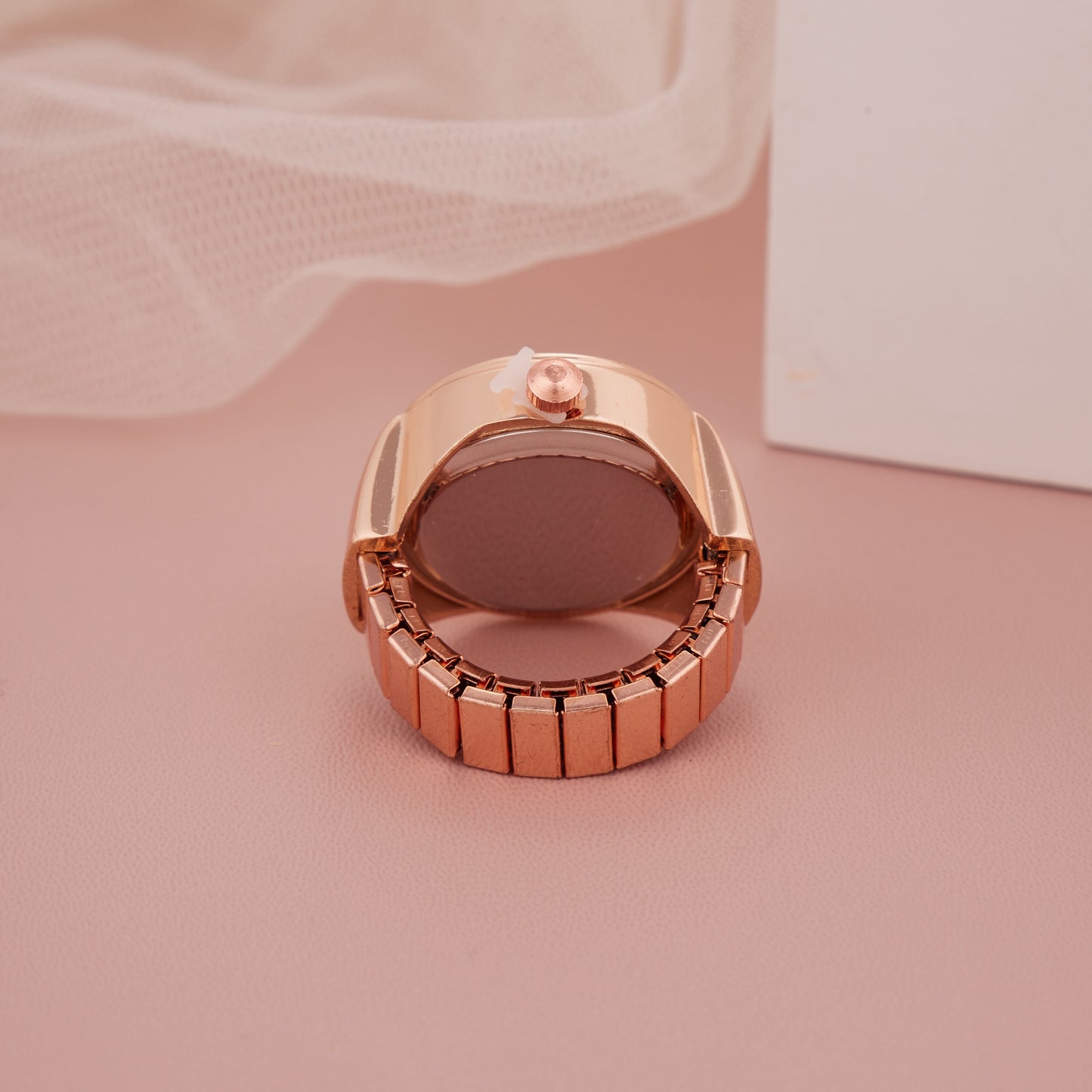 Rose Gold Ring Watch with Textured Silver Dial & Bold Numerals