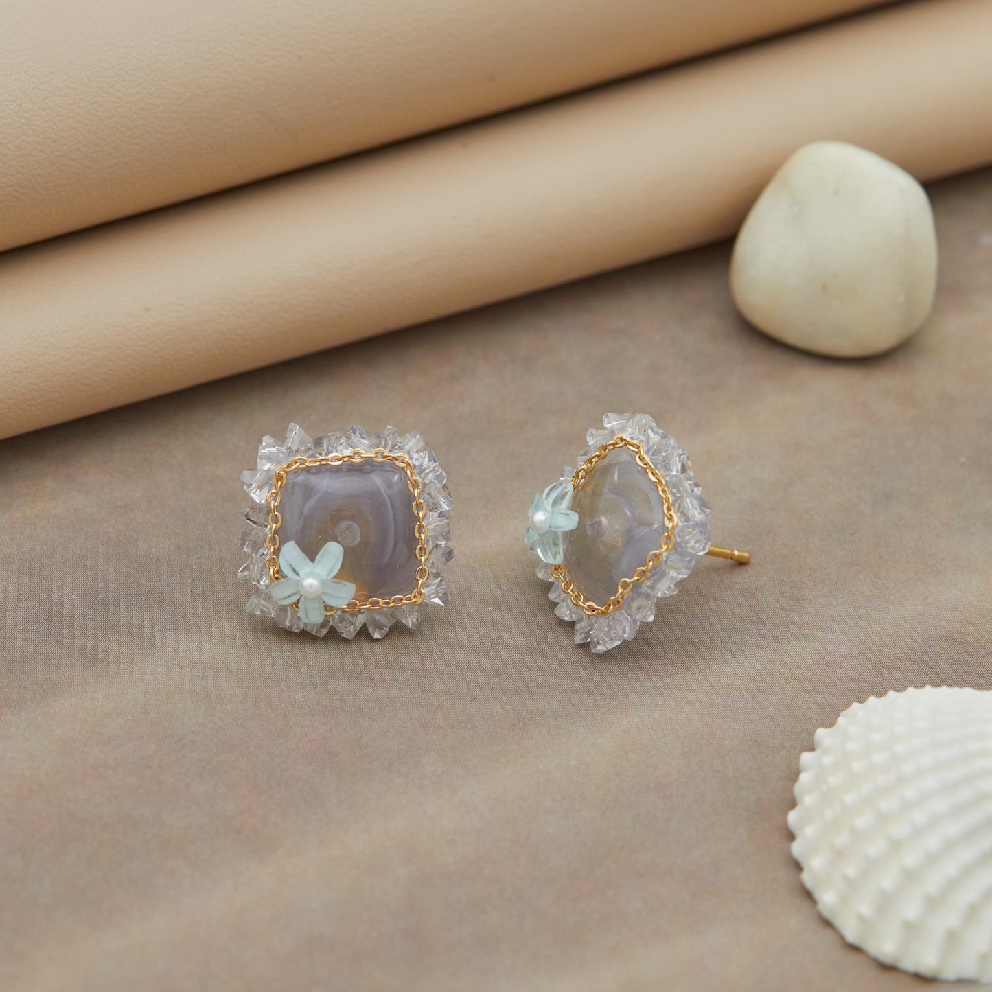 Crystal-Edged Floral Stud Earrings with Agate Center
