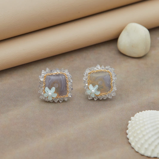 Crystal-Edged Floral Stud Earrings with Agate Center