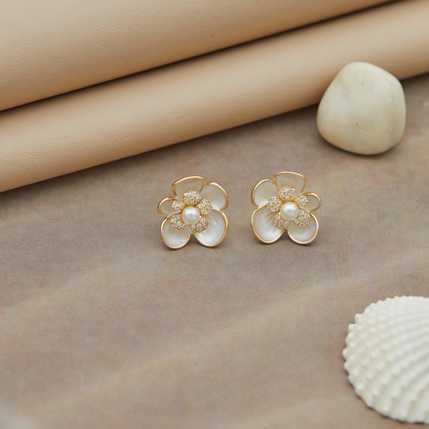 Elegant Pearl & Crystal Floral Stud Earrings