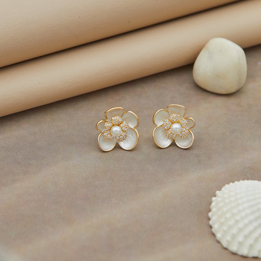 Elegant Pearl & Crystal Floral Stud Earrings