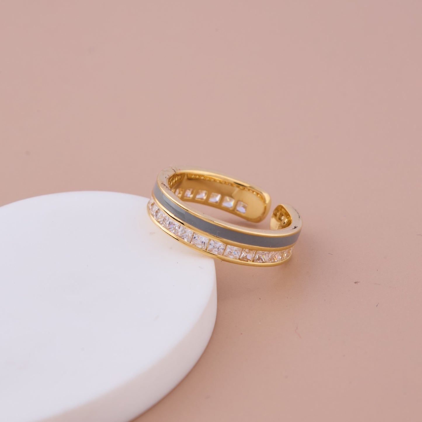 Grey Enamel & CZ Open Band Ring