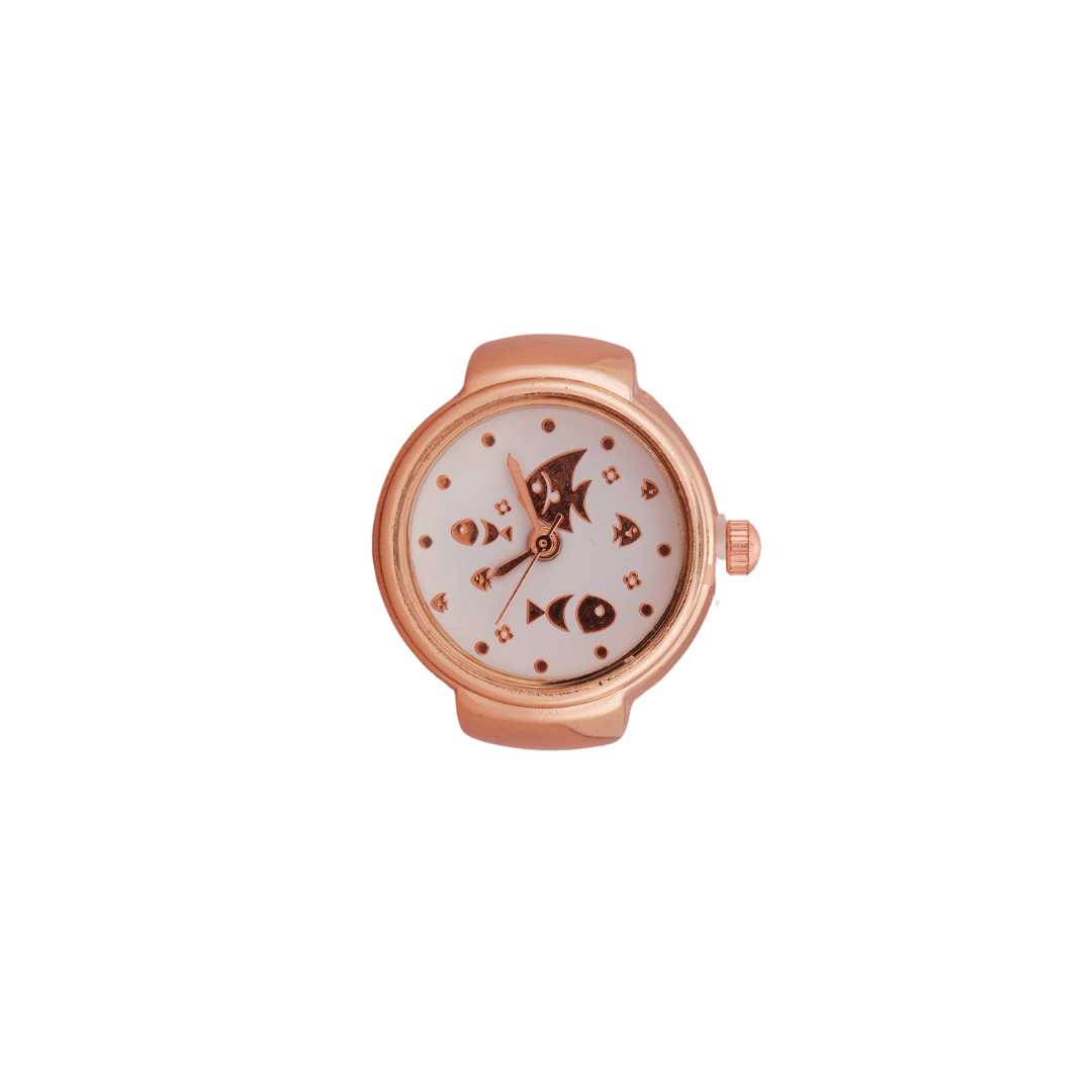 Rose Gold Ring Watch with Textured Silver Dial & Bold Numerals
