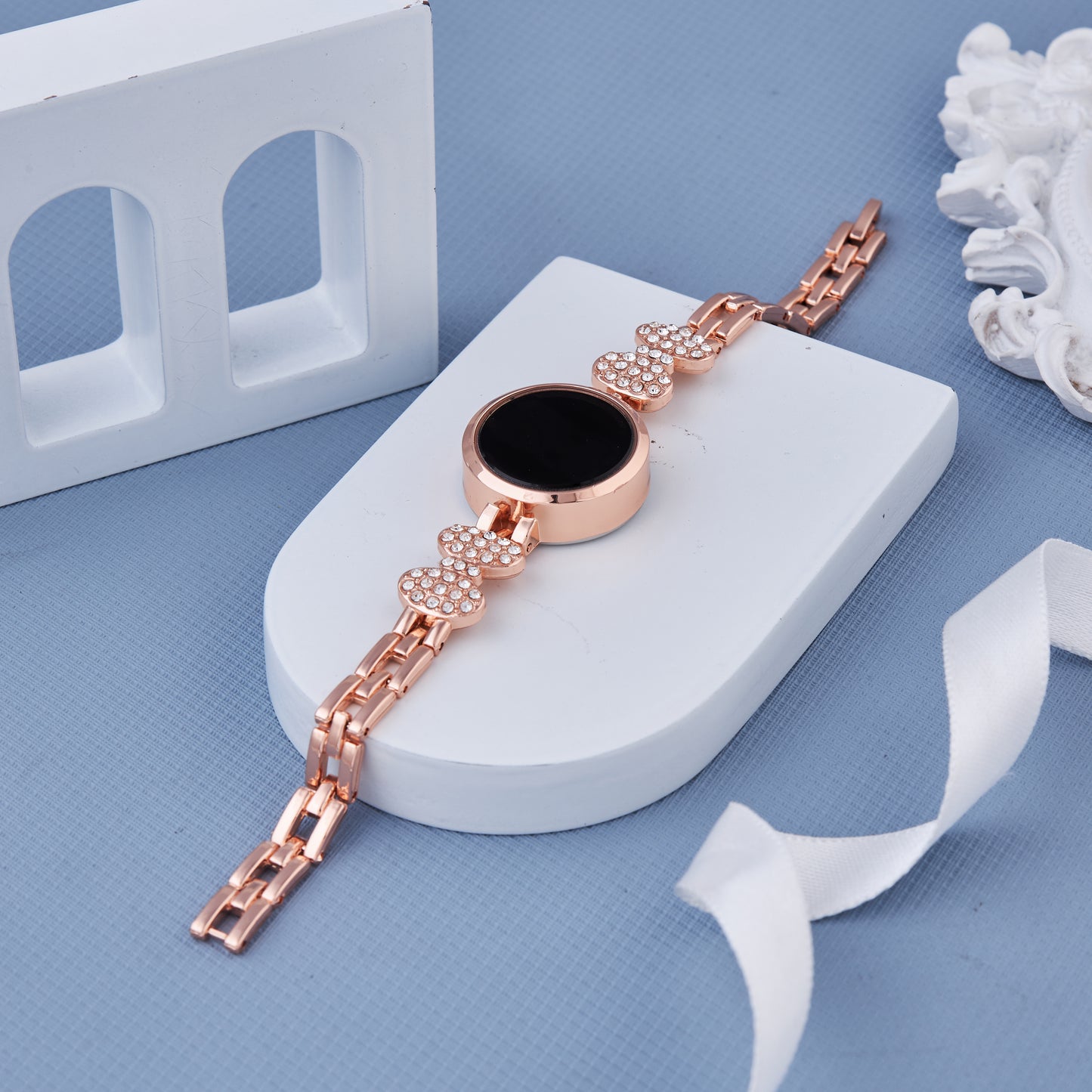 Rose Gold Digital Watch with Crystal Bow Accents