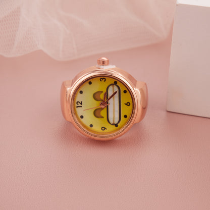 Stylish Yellow Dial Ring Watch with Rose Gold Finish for Women