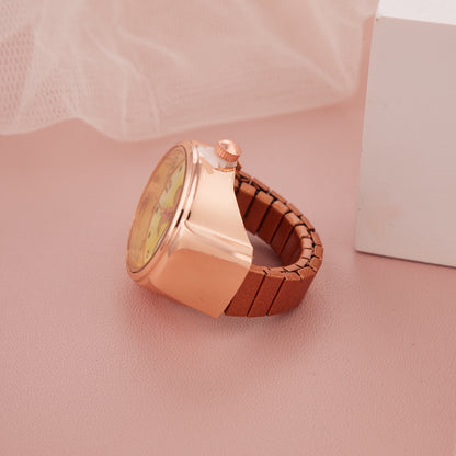 Stylish Yellow Dial Ring Watch with Rose Gold Finish for Women