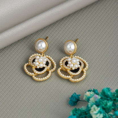 Elegant Gold Pearl Drop Earrings with Floral Design for Women & Girls
