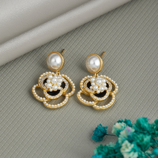 Elegant Gold Pearl Drop Earrings with Floral Design for Women & Girls