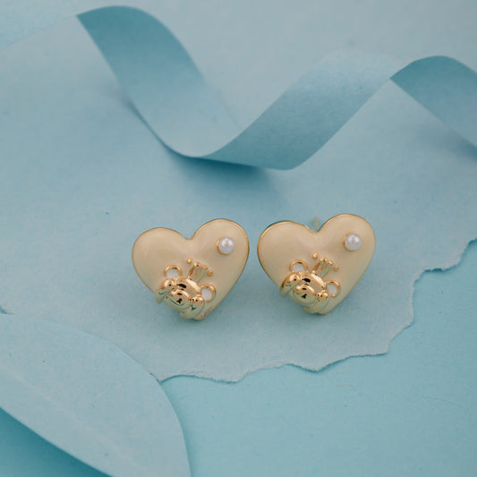 Heart-Shaped Cream Stud Earrings with Teddy & Pearl Detail for Girls