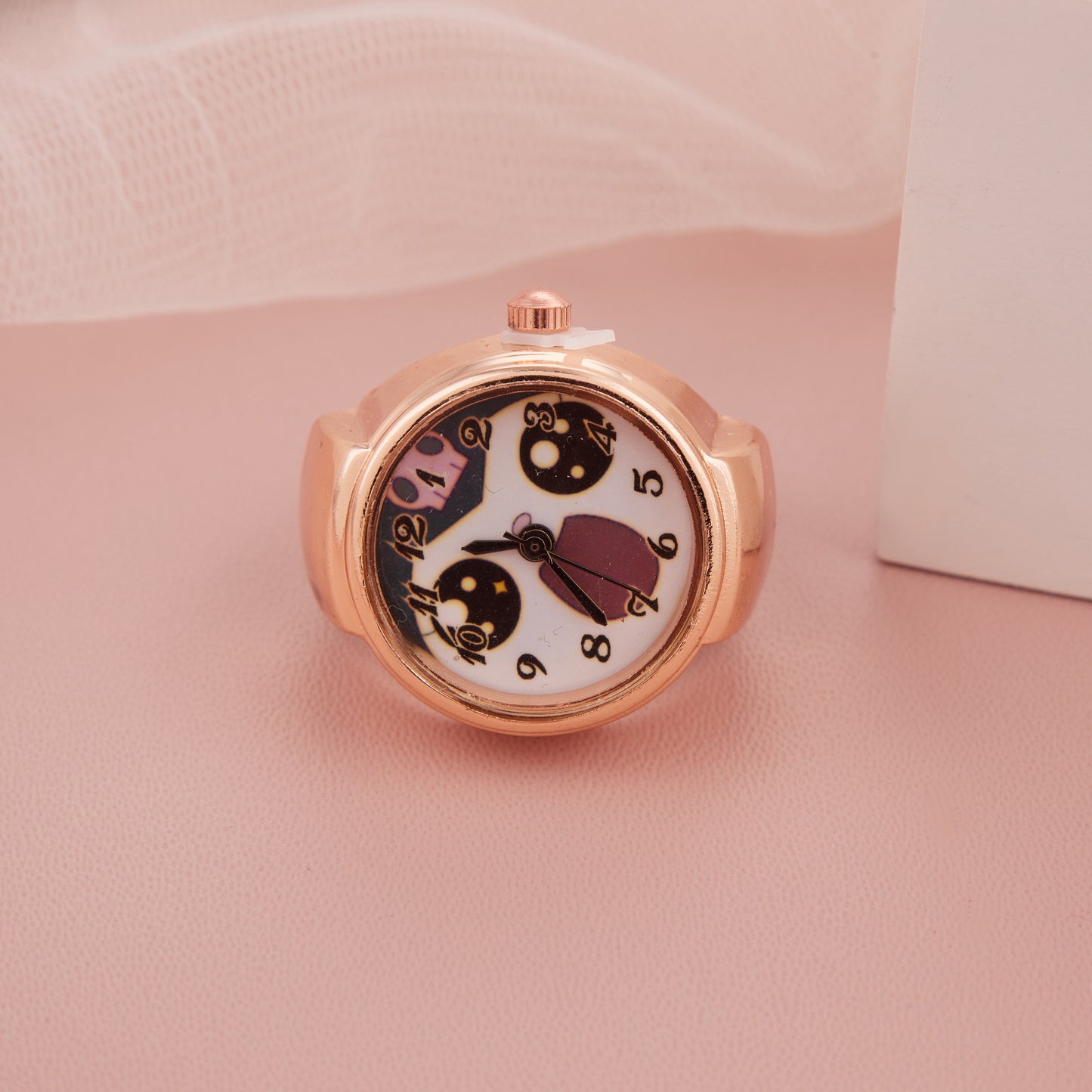Rose Gold Ring Watch with White Printed Dial for Women