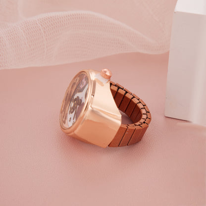 Rose Gold Ring Watch with White Printed Dial for Women