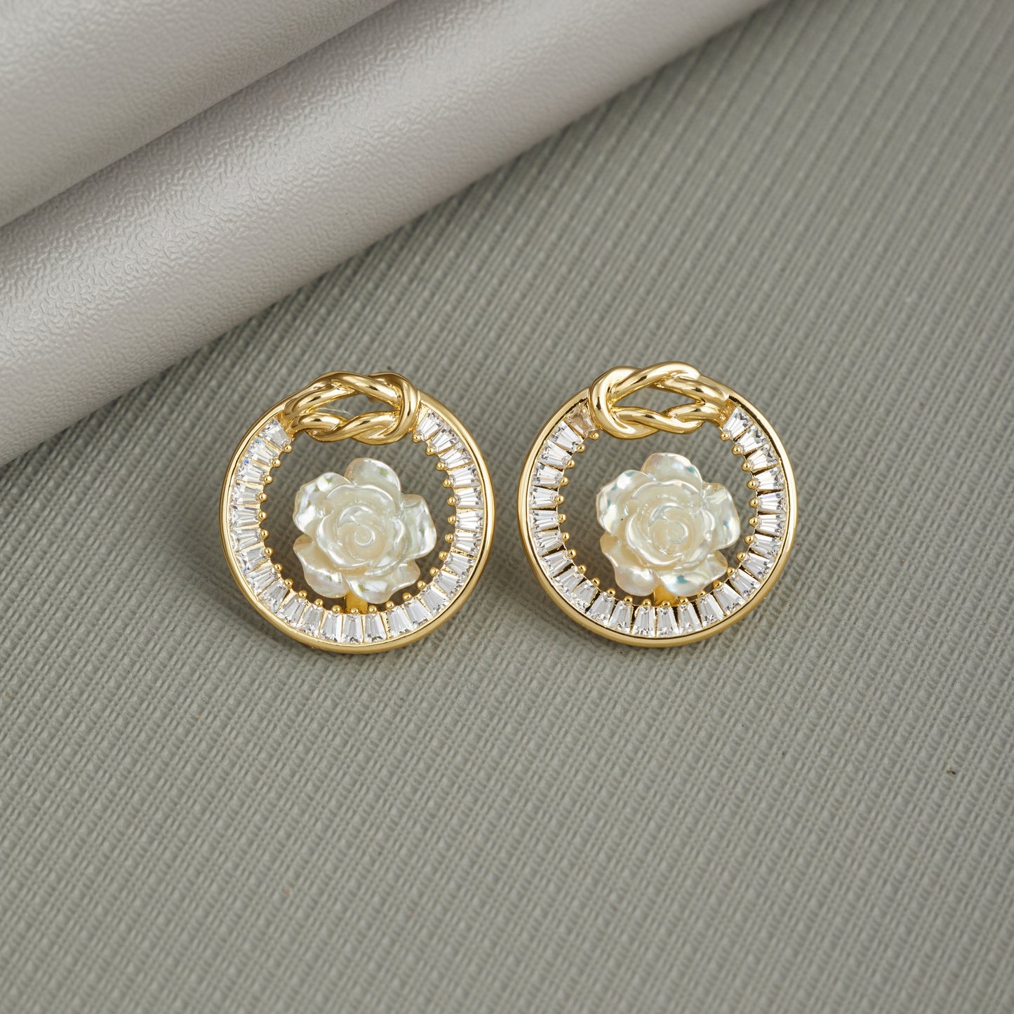Chic Gold-Tone Round Earrings with Crystal Rose Center for Women & Girls
