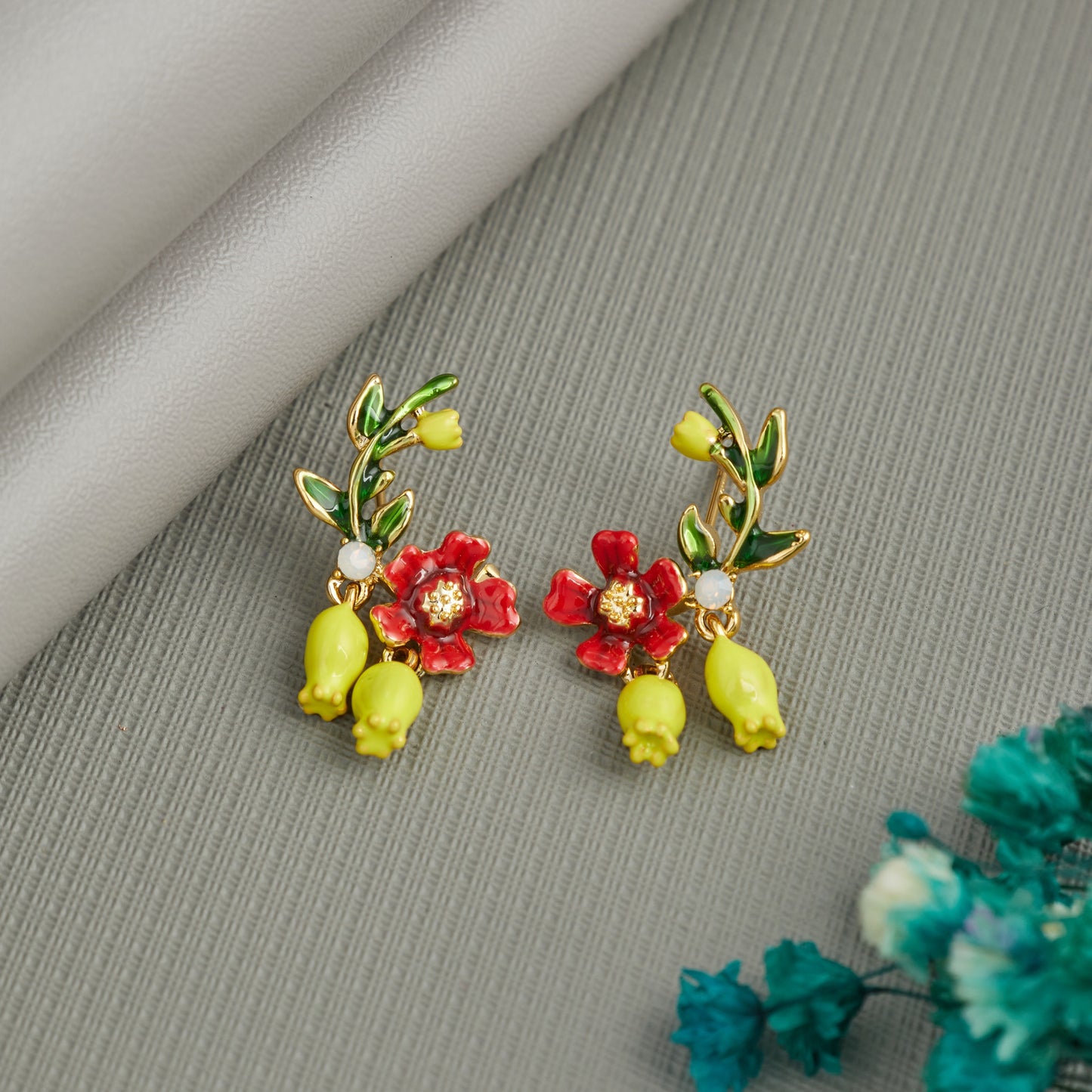 Colorful Floral Enamel Drop Earrings with Green Leaves & Red Blossoms