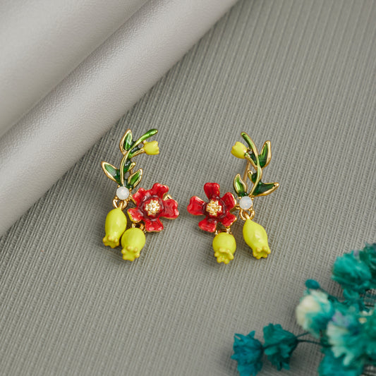 Colorful Floral Enamel Drop Earrings with Green Leaves & Red Blossoms