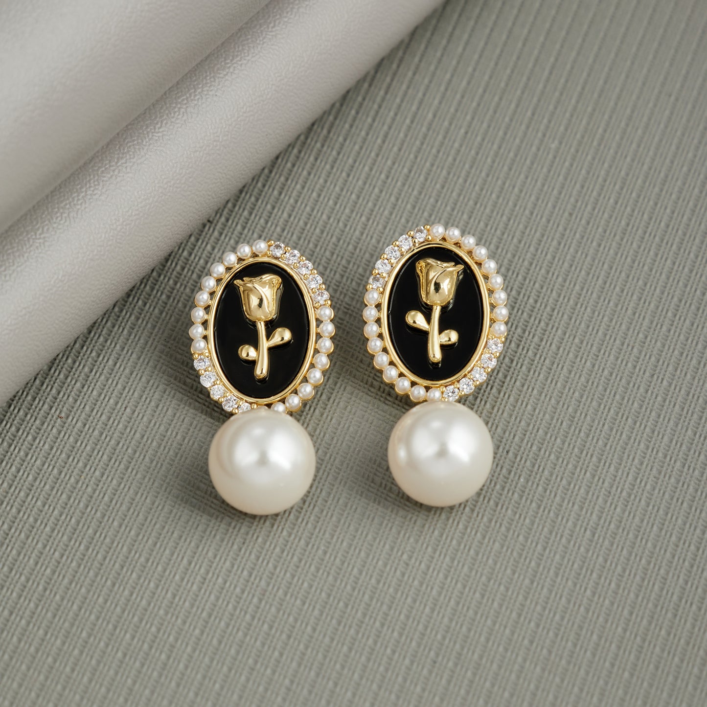 Elegant Black & Gold Rose Stud Earrings with Pearl Drop