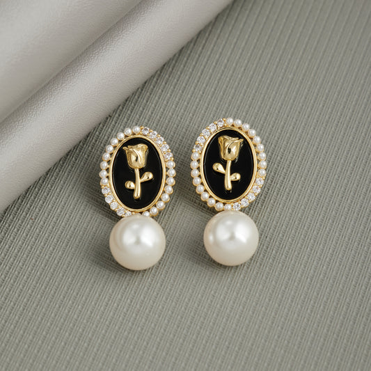 Elegant Black & Gold Rose Stud Earrings with Pearl Drop