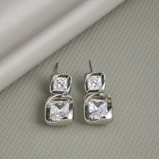 Elegant Dual Square Crystal Drop Earrings with Silver Finish for Women & Girls