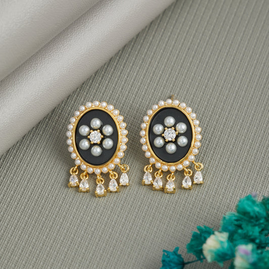 Black Oval Pearl & Crystal Stud Earrings with Dangling Stones