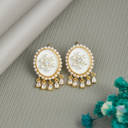White Pearl Floral Drop Earrings with Gold Finish for Women & Girls