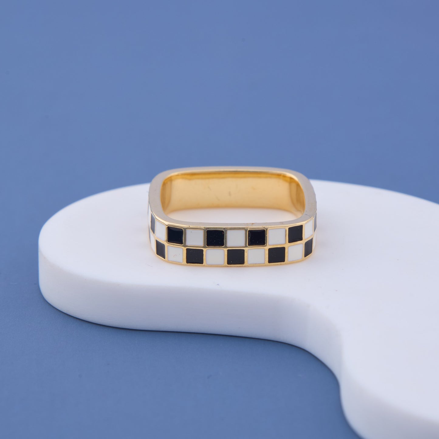 Gold Black & White Checkered Band Ring