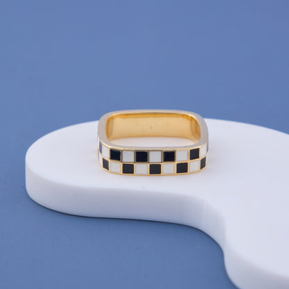 Gold Black & White Checkered Band Ring