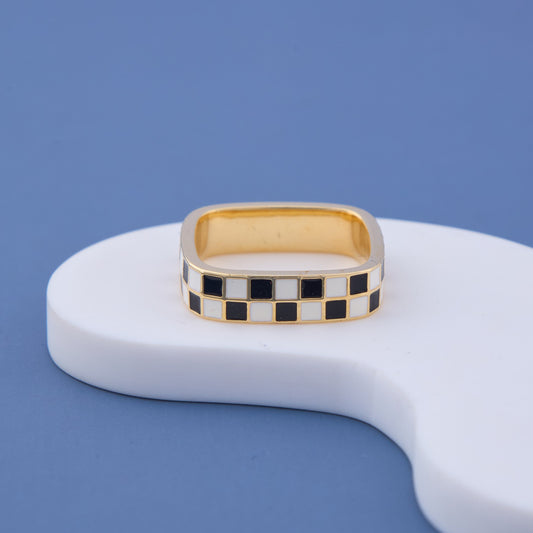Gold Black & White Checkered Band Ring