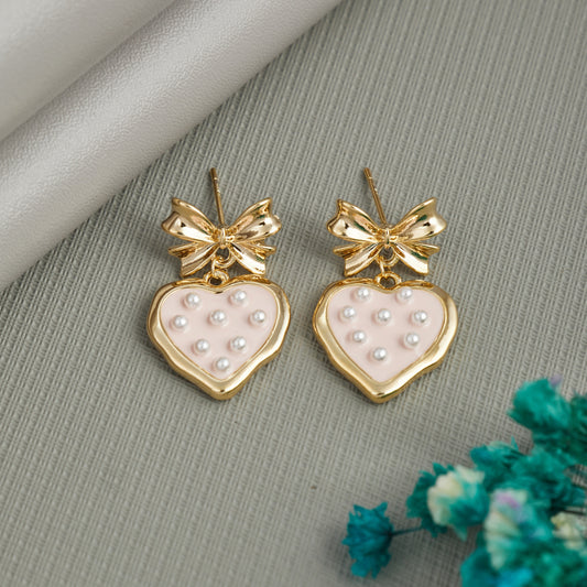 Pink Heart Pearl Drop Earrings with Golden Bow