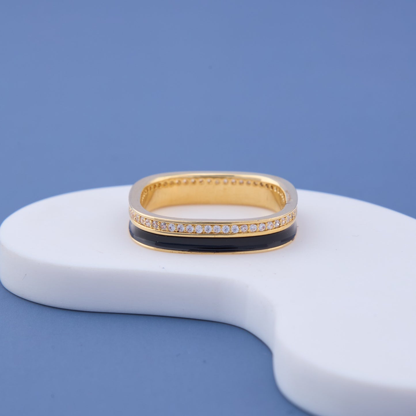 Gold Black Enamel Square Band with CZ Stones