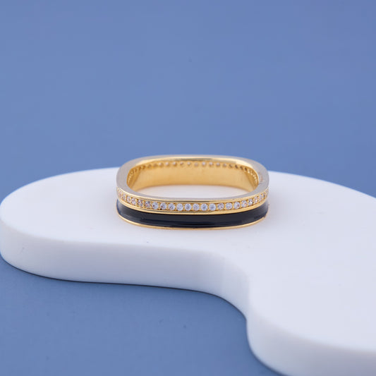 Gold Black Enamel Square Band with CZ Stones