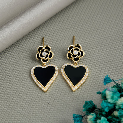 Black Heart Drop Earrings with Crystal Flower Top – Elegant Party Wear