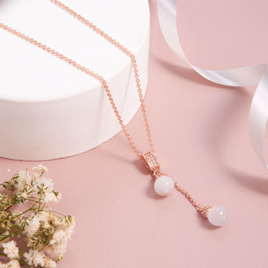 Rose Gold Drop Pendant Necklace with Elegant Pearls