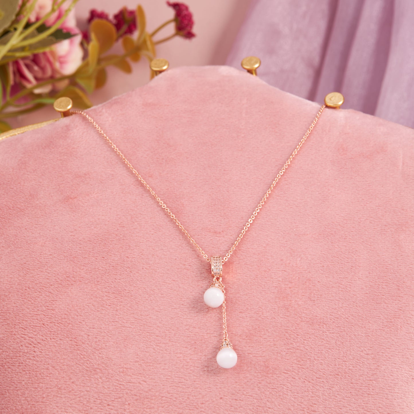 Rose Gold Drop Pendant Necklace with Elegant Pearls