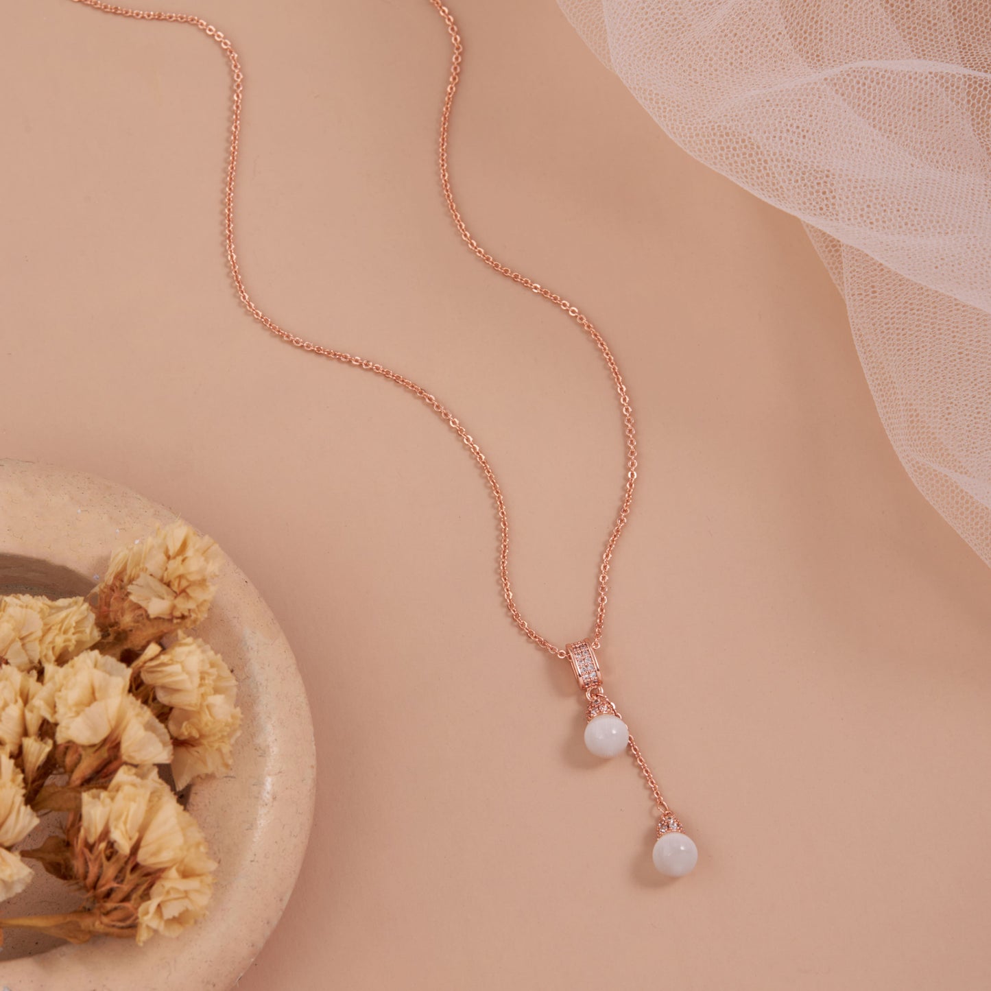 Rose Gold Drop Pendant Necklace with Elegant Pearls