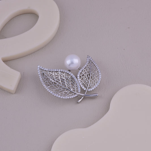 Silver Leaf Pearl Brooch
